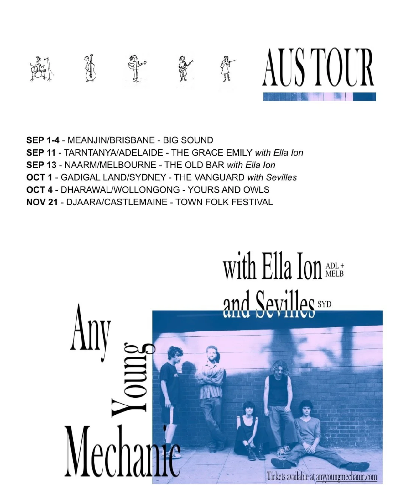 Any Young Mechanic Australian tour poster listing concert dates, featuring a blue-tinted photo of the band leaning against a wall.